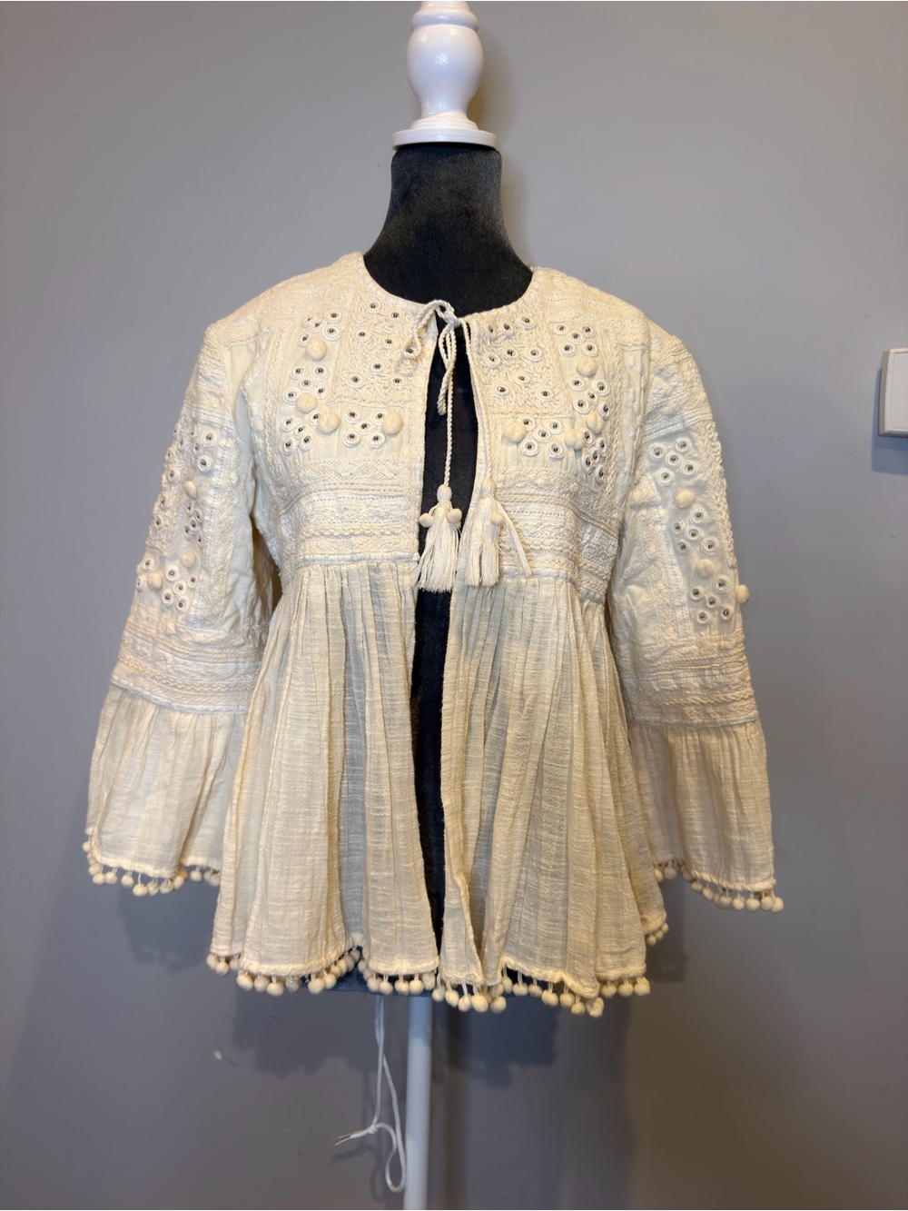 Zara Cream Embroidered Boho Tassel Tunic Jacket
